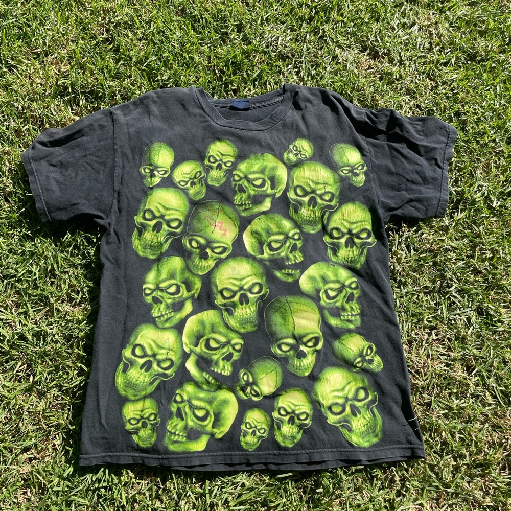Y2k Vintage Iconic Green Skulls AOP Single Sided Most Tag Large Streetwear Grail